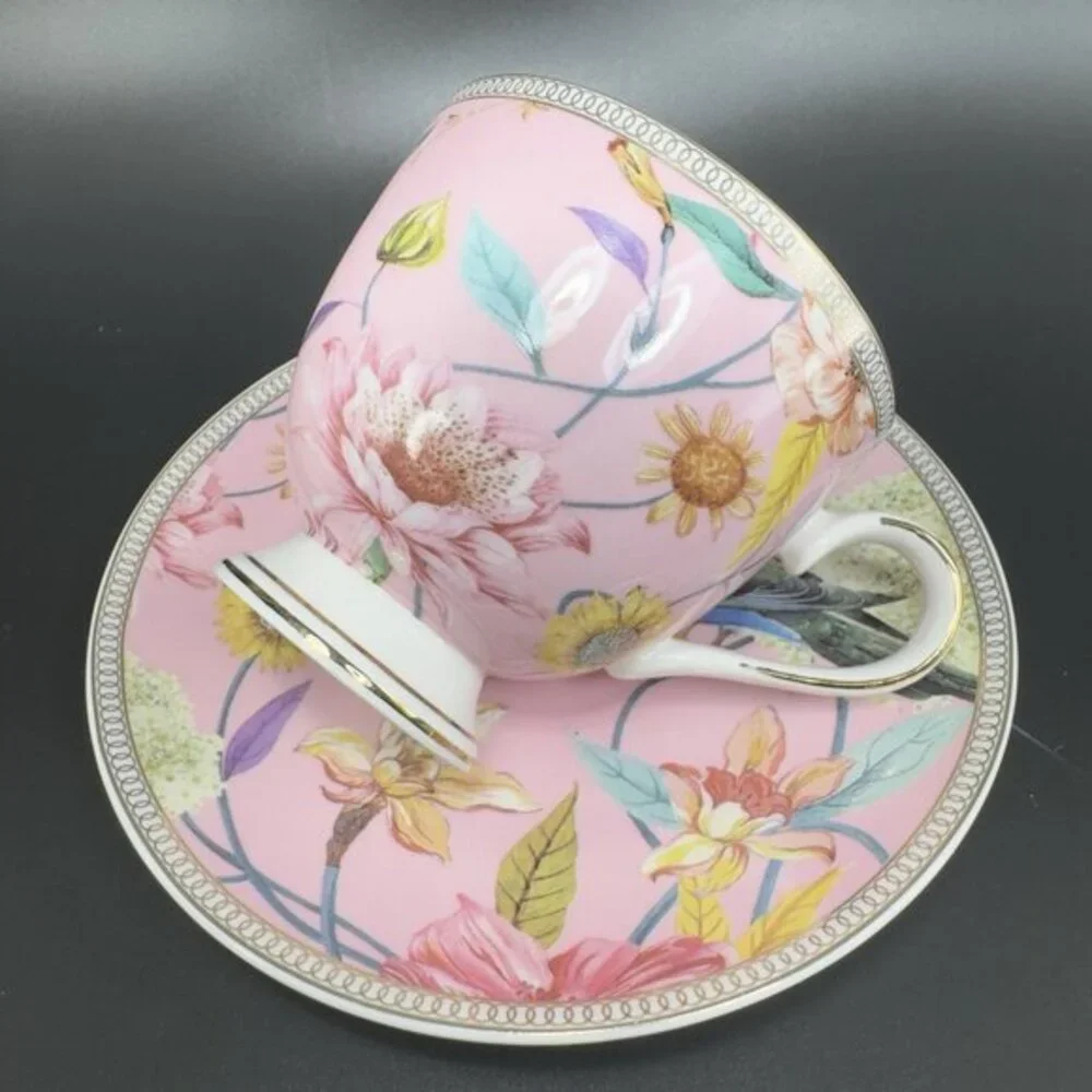 Shabby Chic‎ Fine Porcelain Teacup And Saucer Set Tea Cup Plate Pink Floral Bird